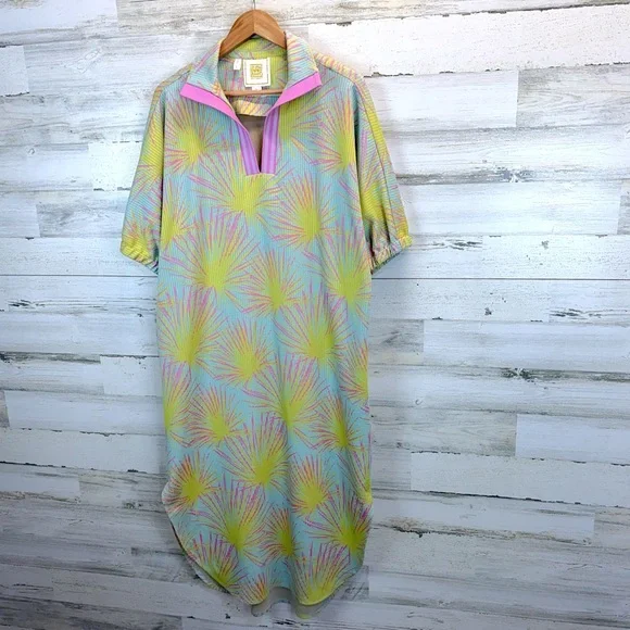 Emily McCarthy Poppy Caftan Midi Dress Palm Print Pink Green Resort Large - Picture 4 of 13